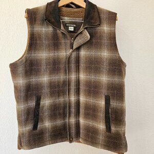 Stetson Plaid Western Cowboy Vest Leather Trim Full Zip Size L